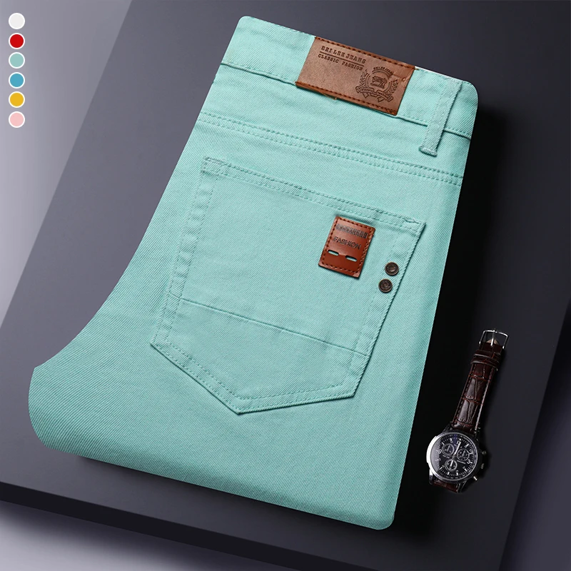 2025 Autumn Men's Elastic Colorful Jeans Breathable Casual Straight Fitted Solid Color Denim Pants Korean Fashion Trousers 1