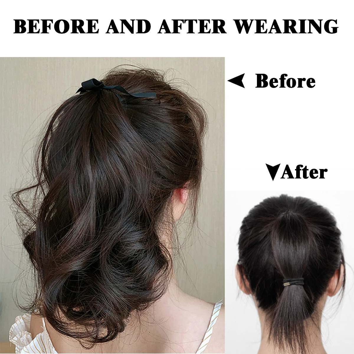 12-inch synthetic clip ponytail wig with wavy fake ponytail short curly hair clamped on a woman's ponytail black