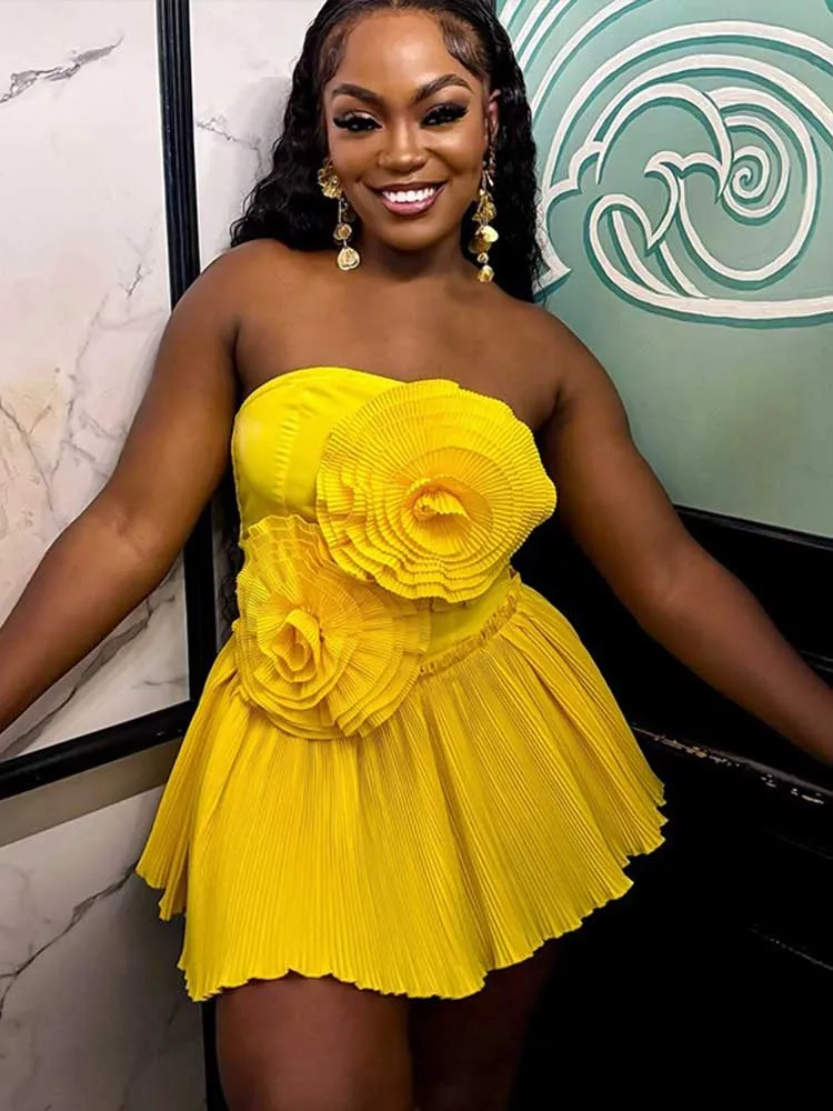 Sexy Women's Fancy Dress Strapless Beautiful Short Yellow Dress