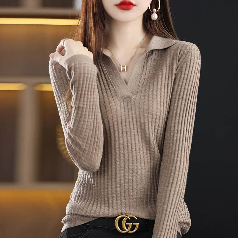 

New Autumn and Winter Polo Collar Thin Wool Long Sleeve Women's Loose Short Sweater Lapel Pullover Bottoming Shirt