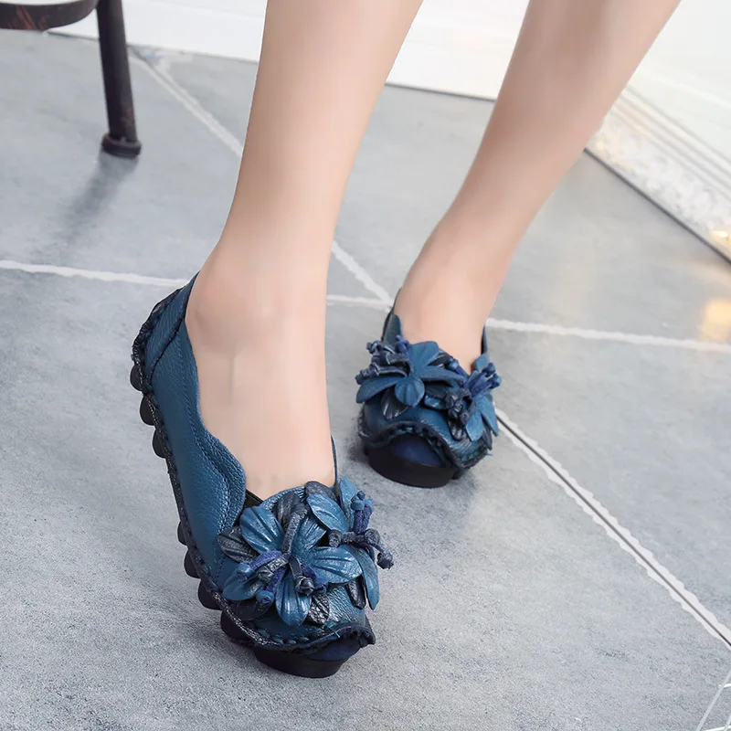 High Quality Spring National Style Genuine Leather Handmade Flower Women's Shoes Lady Soft Bottom Casual Flat Shoes Free Shippin