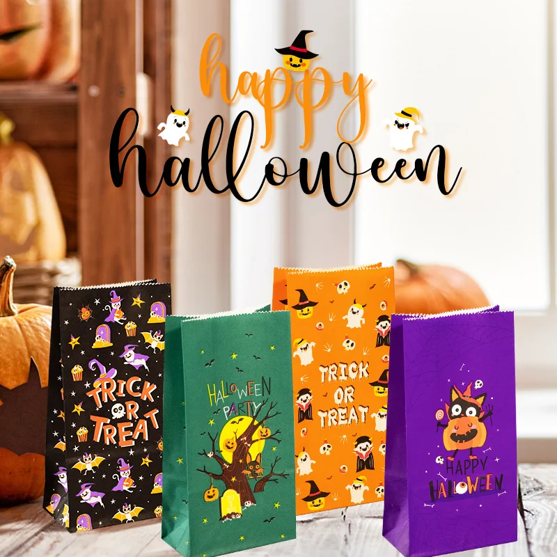 

12pcs Halloween Party Gift Packaging Kraft Paper Bags with Labels Trick or Treat Favors Candy Bags Purple Orange Cookies Bags