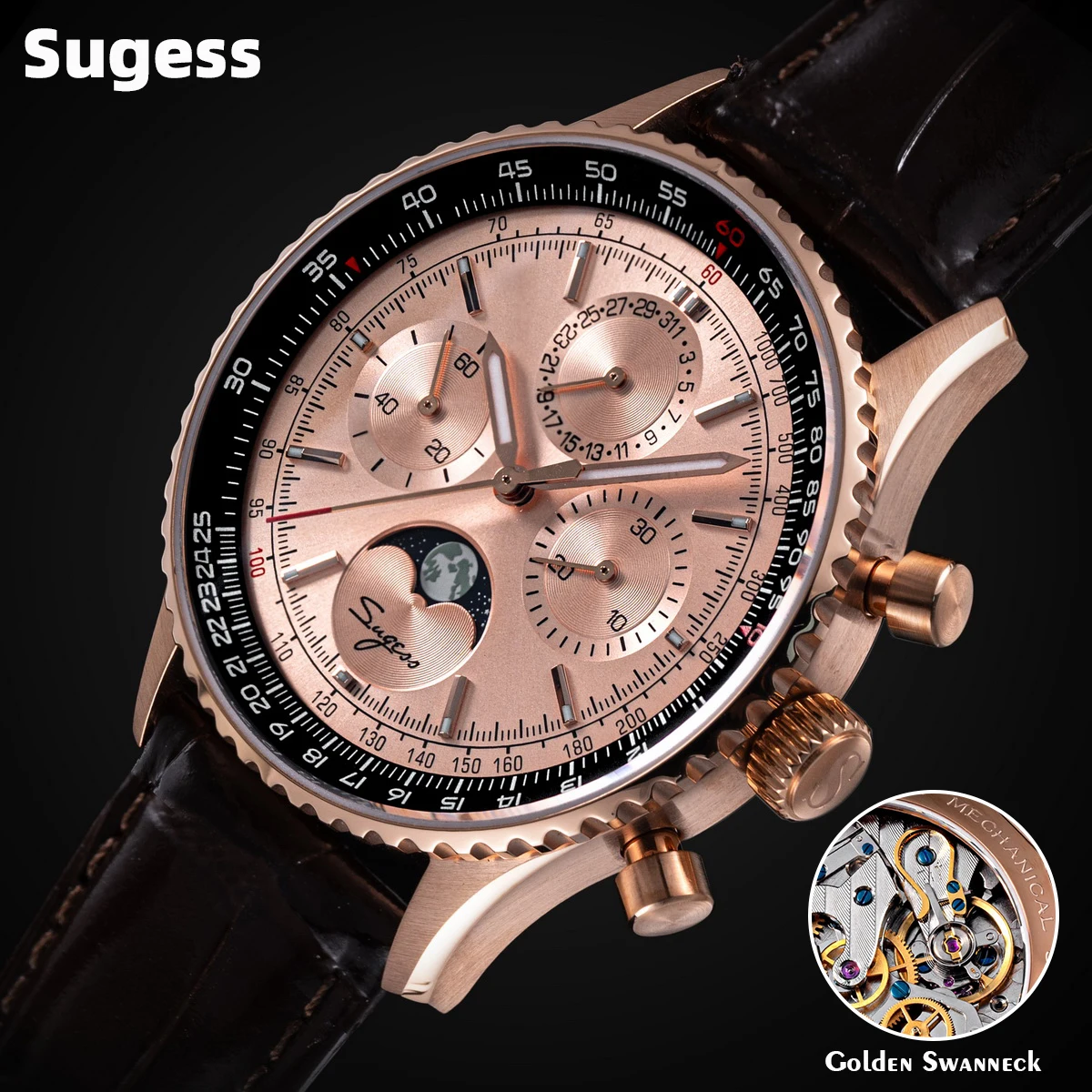 Sugess Watch Mens Moonphase Pilot Chronograph Mechanical