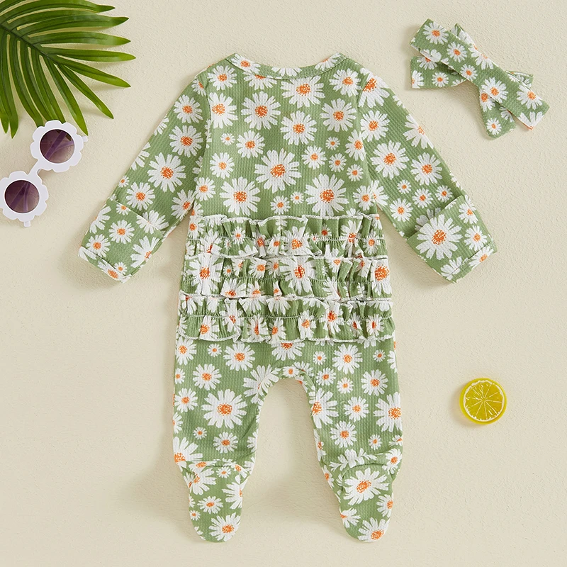 Baby Girl Footed Romper Long Sleeve Round Neck Daisy Print Ruffled Full Length Jumpsuit with Headband