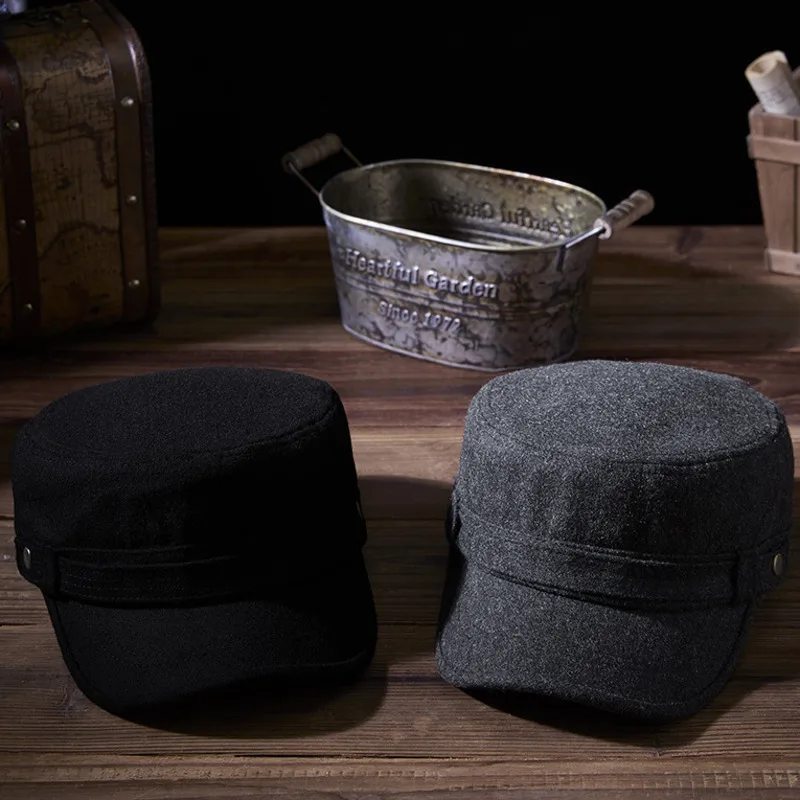 Autumn and Winter Dad Felt Flat Cap Middle Aged and Elderly Man Wool Military Hat Male Casual Baseball Caps 55-60cm