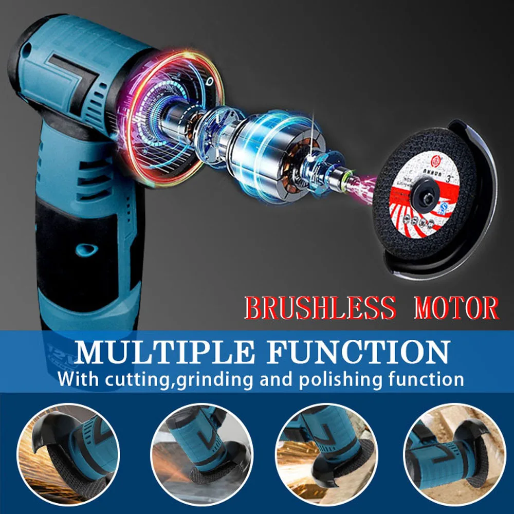 12V Brushless Angle Grinder 2PCS Lithium Battery 19500Rpm Grinder Cutter for Cutting Polishing Ceramic Tile Wood Stone Steel small electric saw for cutting wood