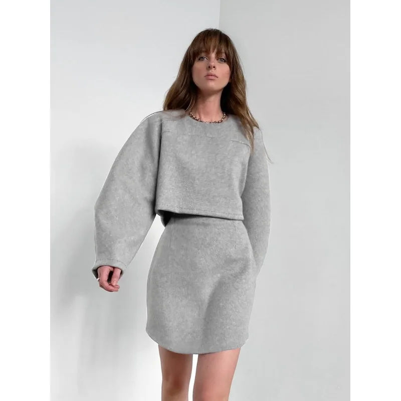 Autumn Fashion Gray Sweater round Neck Long Sleeve Skirt Two-Piece French Casual Sports Group Suit Women's Clothing Yy18 1pc hand nozzle sleeve