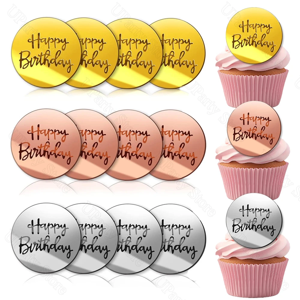 20 Dischi Decorativi Per Torta E Cupcake In Acrilico Dorato Con Scritta Happy Birthday - 5 Cm