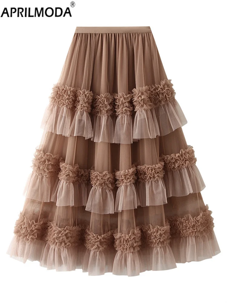 

Autumn Big Swing Mesh Cake Tulle Long Midi Skirt Dance Elastic Waist Solid Fairy Maxi Tutu Pleated Skirt A-Line Sweet Skater