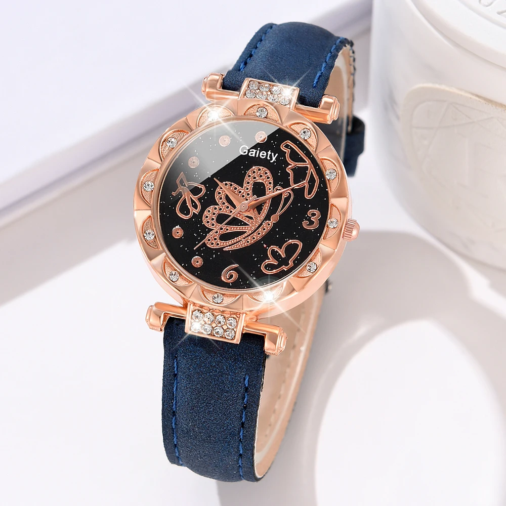 5PCS Blue Women Watch Fashion Light Luxury Butterfly Element Dial Quartz Wristwatch Leather Strap Watch Jewelry Set Gift For Her 3