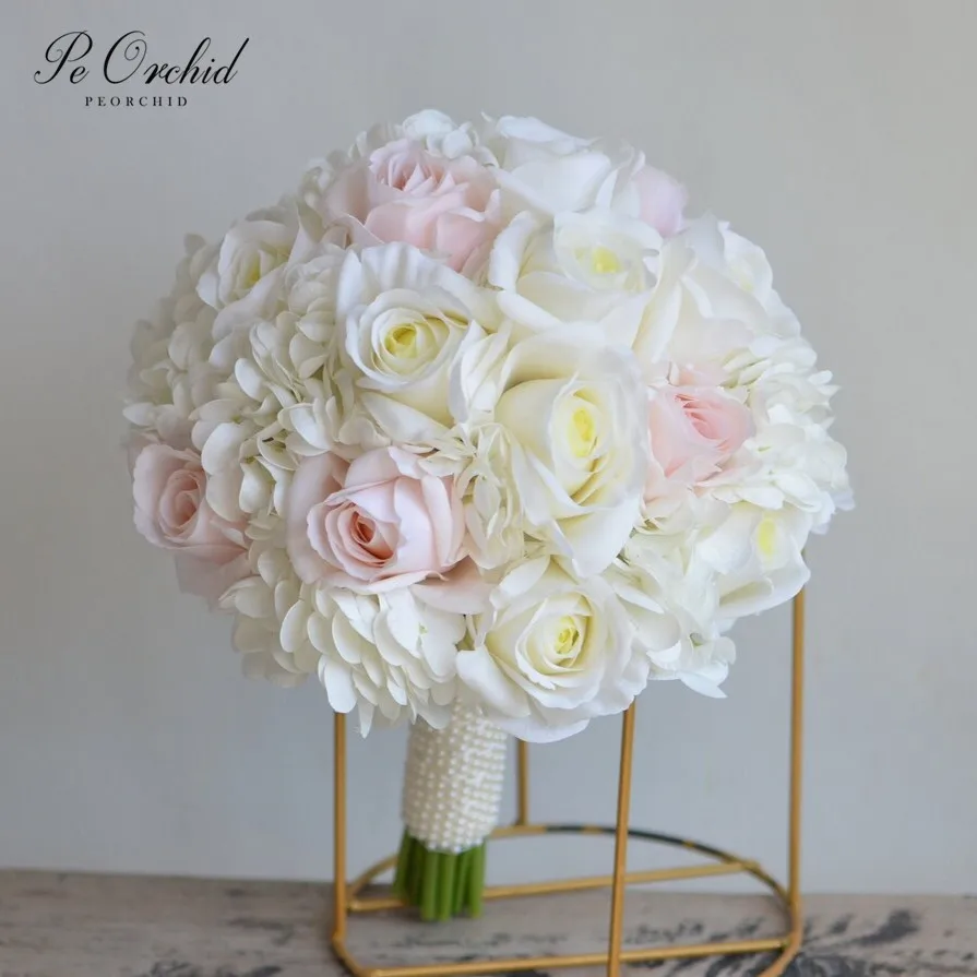 

PEORCHID Blush Pink Bridal Bouquet Ivory Real Touch Faux Roses Hydrangeas Artificial Silk Flowers Cream White Wedding Bouquets