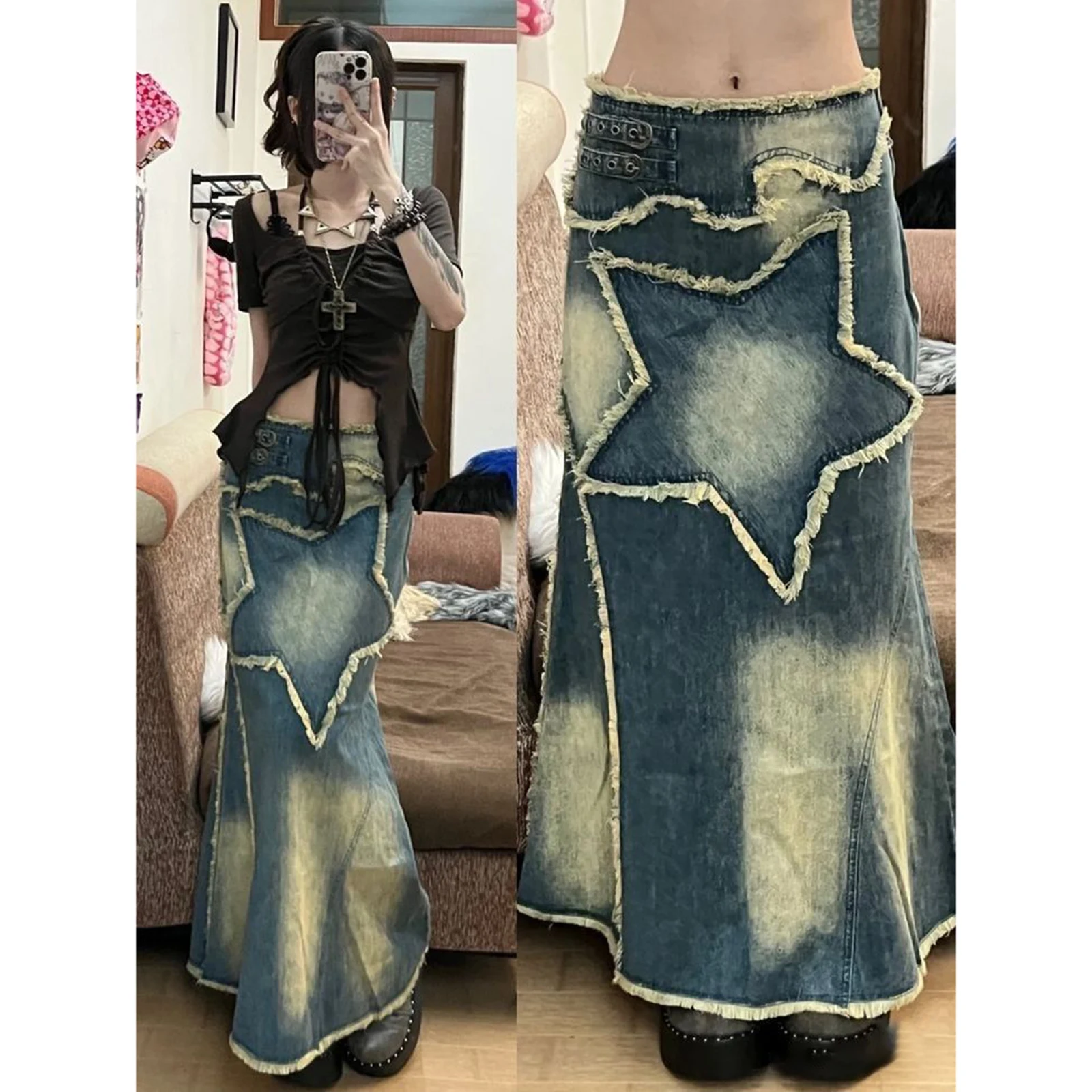 

Combhasaki Women America Retro Kawaii Y2K Aesthetic Tie-dye Denim Mermaid Long Skirt Grunge Fairy Pentagram Pattern with Tassels