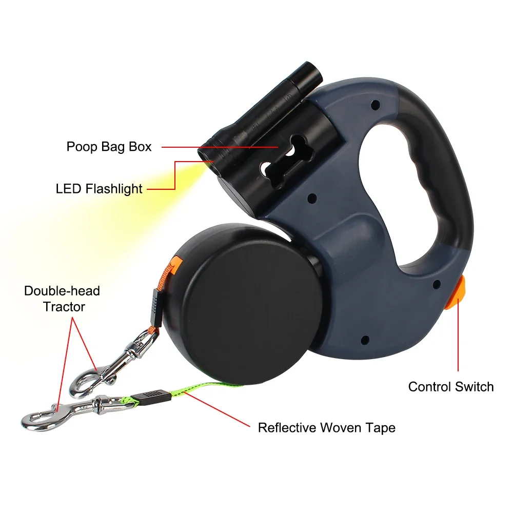Auto Retractable Double Dog Leash 3m with LED Flashlight