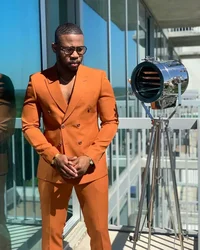 2024 Orange Double Breasted Elegant Men Suit High Street Slim Fit Blazers Hombre High Quality Custom 2 Piece Set Costume Homme