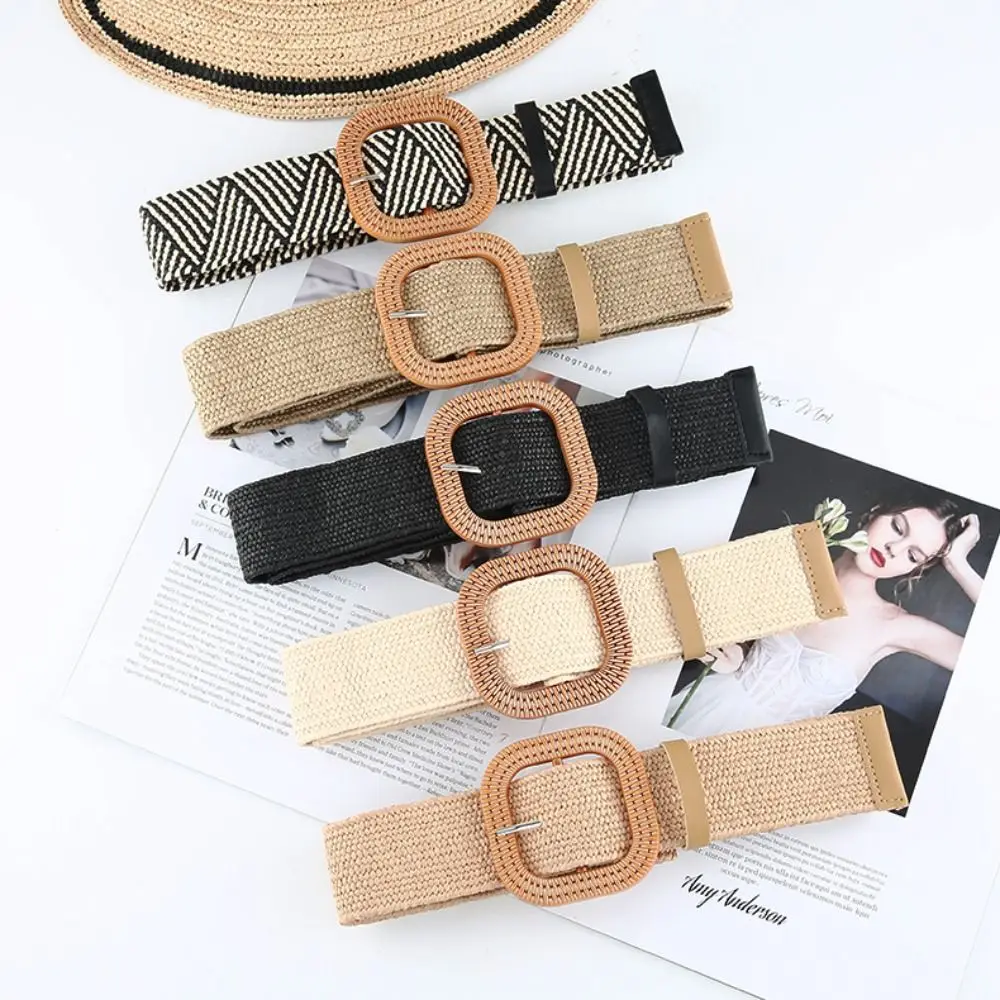 

Square Buckle Straw Weave Belt Trendy Elastic Waist Belt Summer Bohemian Wide Belt Korean Style Waistbands Party