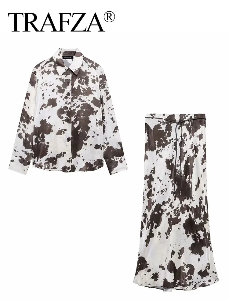 HH Women Vintage Print Blouse Skirts Sets Lapel Long Sleeve Shirts High Waist Slim Straight Midi Skirt Summer Lady Outfits