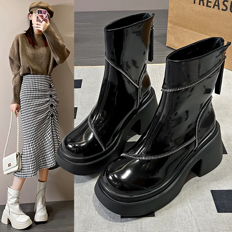

Women Platform Fashion Chelsea Boots Mid Heels Ankle Oxford Designer Femme Boots Winter New 2023 Walking Work Dress Zipper Boots