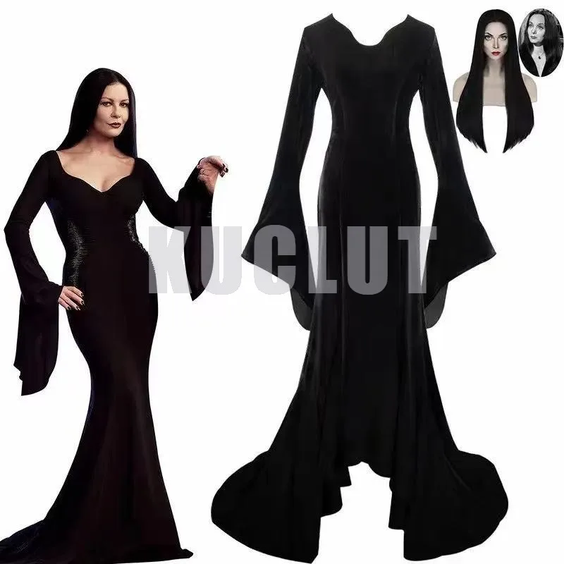 

Wednesday Addams Family Morticia Cosplay Costume Wig Black Sexy Up Slim Party Evening Dress for Women Halloween Carnival Clothes