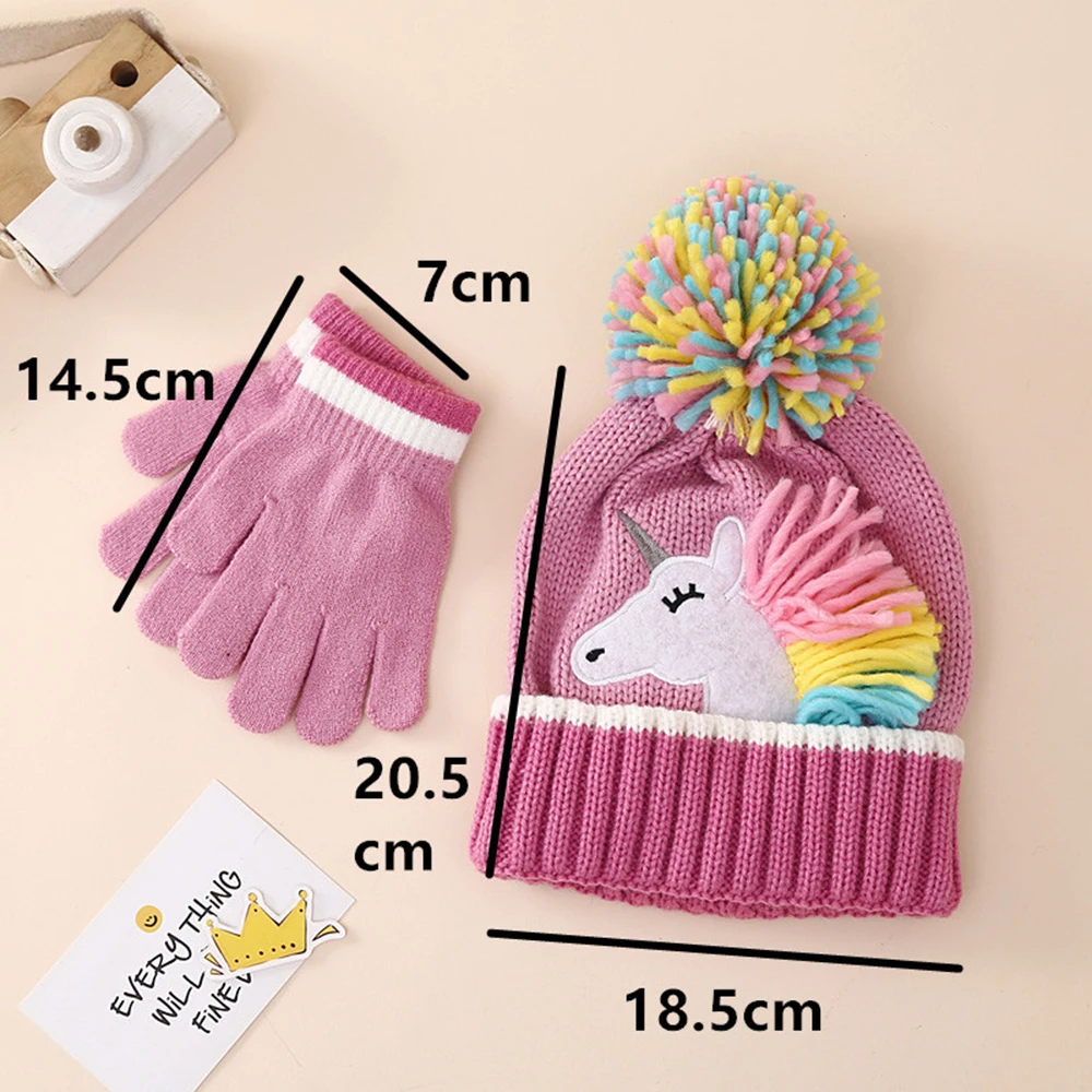Children's Winter Set Cartoon Unicorn Knitted Hat Gloves Set Winter Girls' Warm Beanie Mitten For Kids 2-6 Years