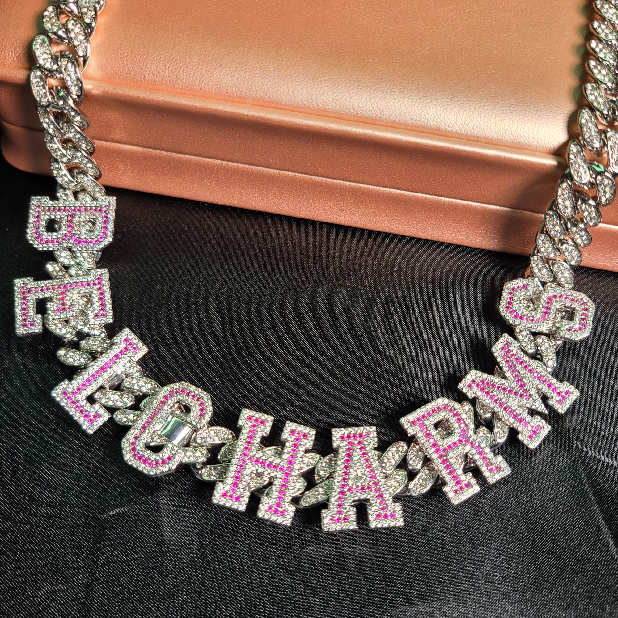 Personalized Pink Stones Letters Necklace, Custom Name Choker, Spaced Letters Choker, Personalised Jewelry, Bling Cuban Chain