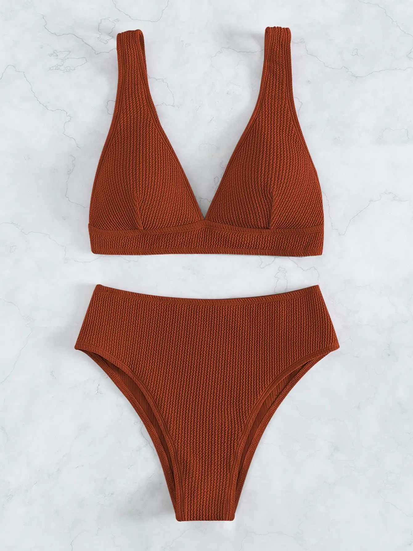 Women's Textured Triangle Bikini Set - High Waist Thong Swimsuit, Ribbed Two Piece Bathing Suit for Beach & Pool, Fashionable Sw 5