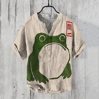 Japanese frog print Henley Shirt Men's Cool And Thin Breathable Summer Shirts Button Stand Collar Shirt v-neck henley shirt 1
