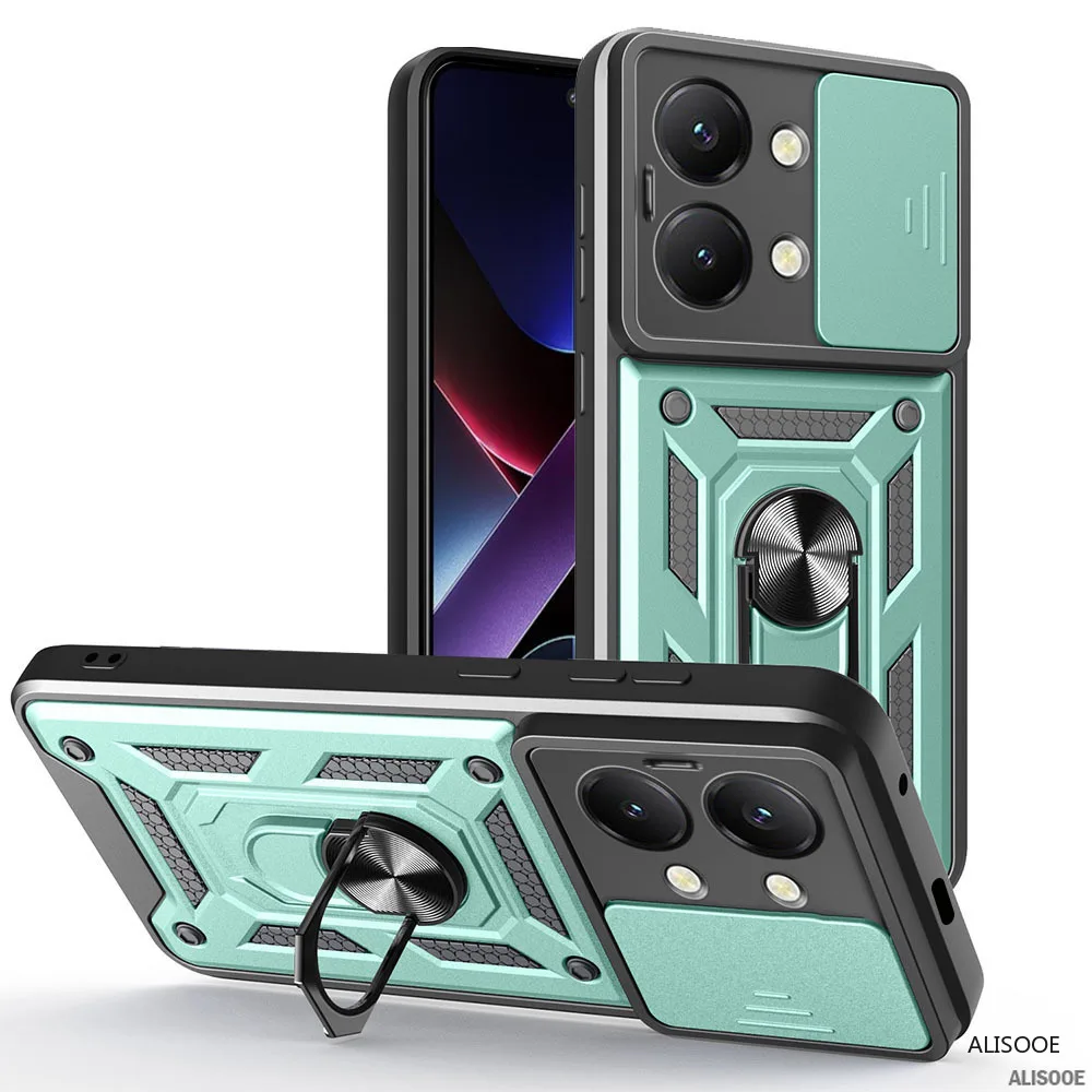 Armor Slide Camera Lens Protection Back Cover with Ring Stand - Shockproof Case