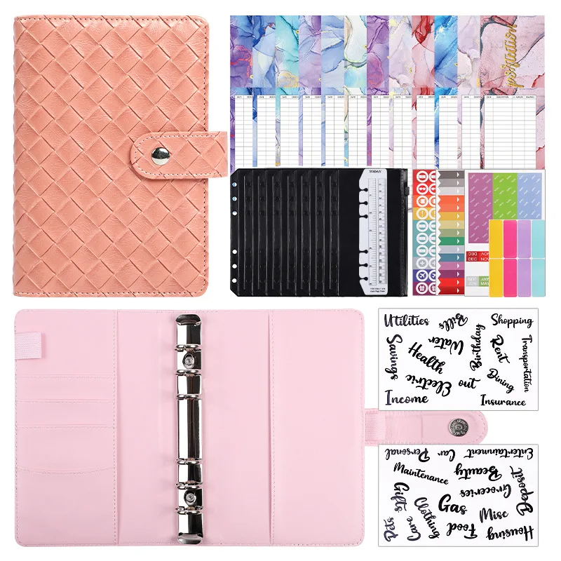 

A6 Macaronpu Braided Grain Leather Loose-Leaf Lookkeeping Notebook Creative Cash Budget Financial Planner Binder