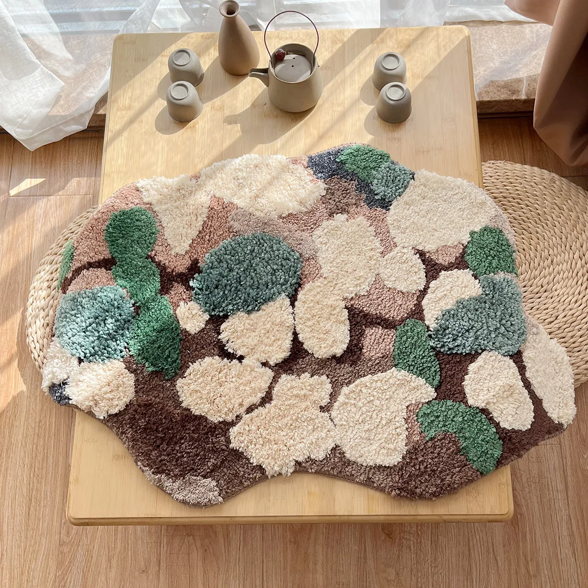 불규칙한 터프티드 이끼 숲 침실 러그, 녹색 식물 숲 문짝 침대 옆 매트, 푹신한 발 카펫 바닥 안전 패드, 가정용 방 장식