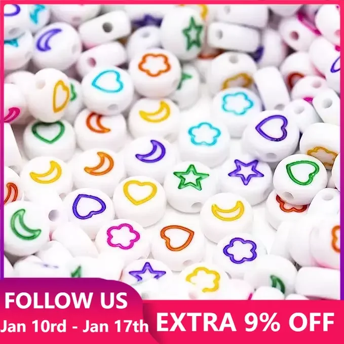

50pcs Mixed Acrylic Heart Moon Flower Star Beads Loose Spacer Beads For Jewelry Making Needlework Diy Bracelet Accessories 7mm