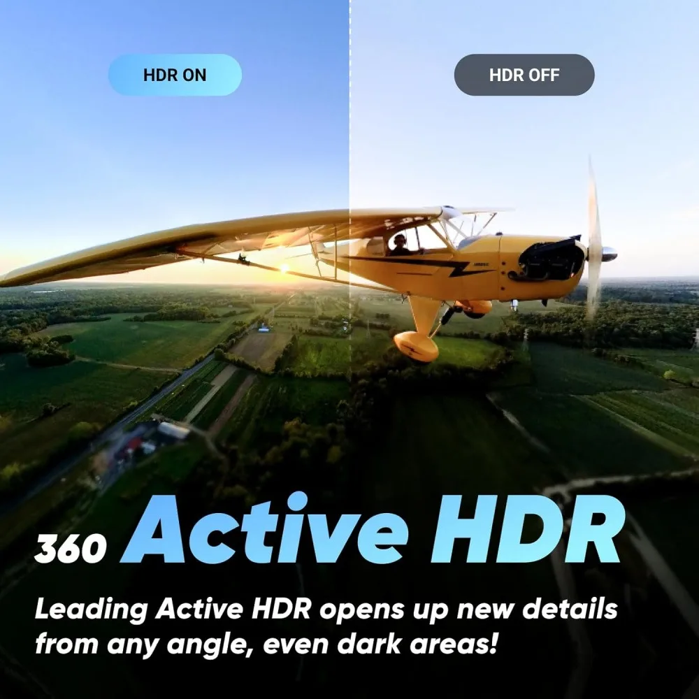Caméra Action 360° 2K avec 32GB de stockage, fixée sur un drone survolant un paysage de montagne enneigée.