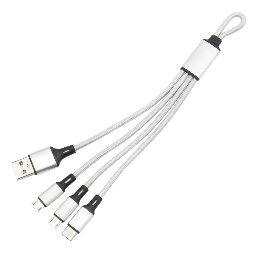 아이폰용 짧은 3 in 1 USB 케이블, 삼성 안드로이드 휴대폰, 나일론 마이크로 USB C 타입 멀티 키체인 라인 충전 코드 와이어