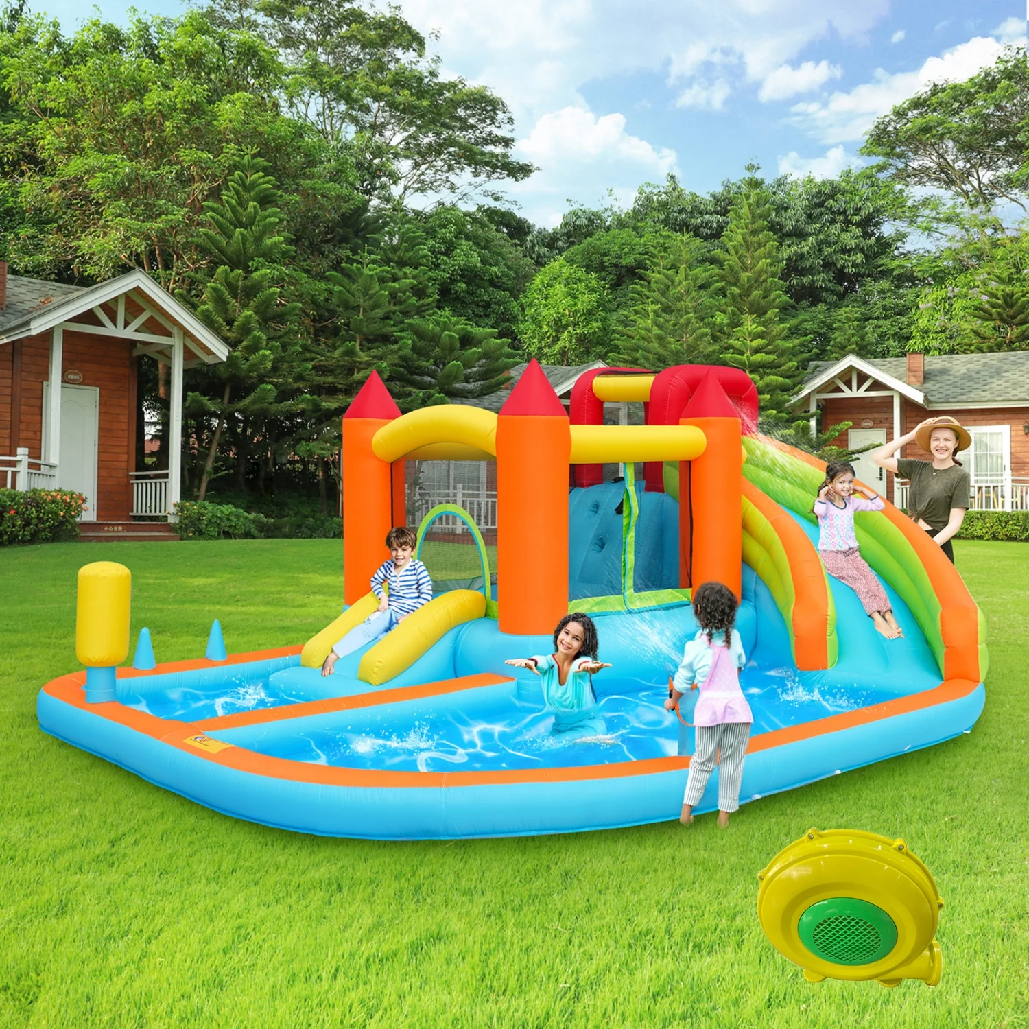 6-in-1-Multifunktions-Hüpfburg für Kinder im Freien mit Gebläse, Wasserrutsche, Trampolin, Basketballkorb, Wasserpistole, 2 Poolbereiche – Detail 1