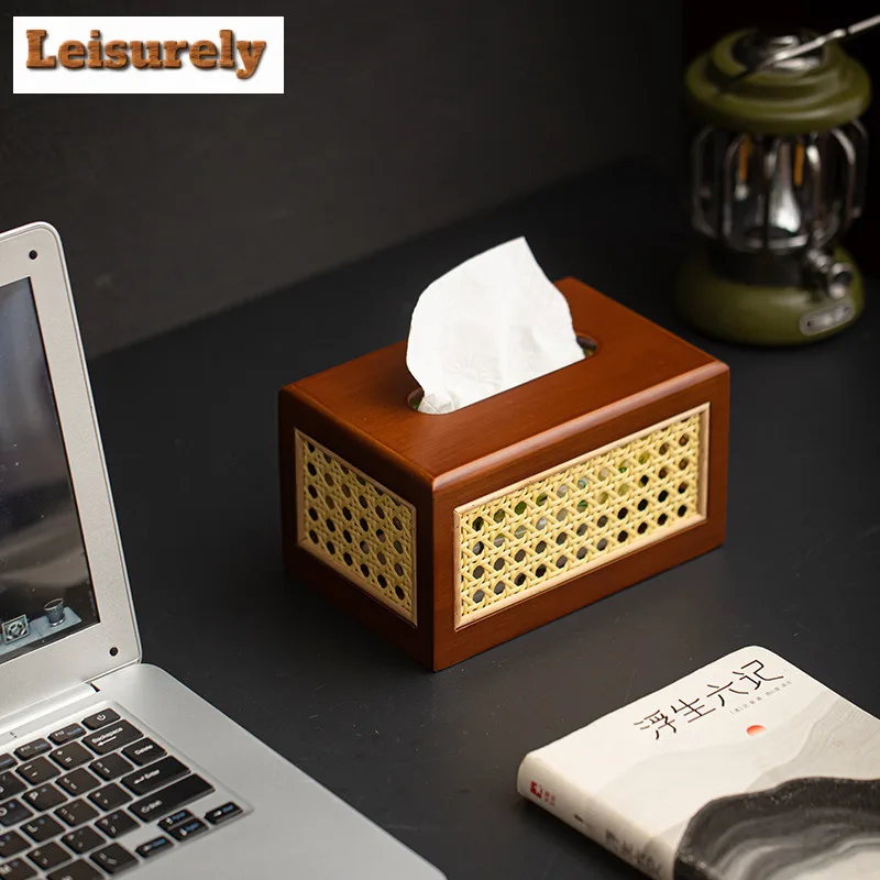 Vintage Bamboo Rattan Tissue Box Paper Container Dispenser Case Wet Wipes Case Removable Paper Drawer Hotel Napkin Storage Gift