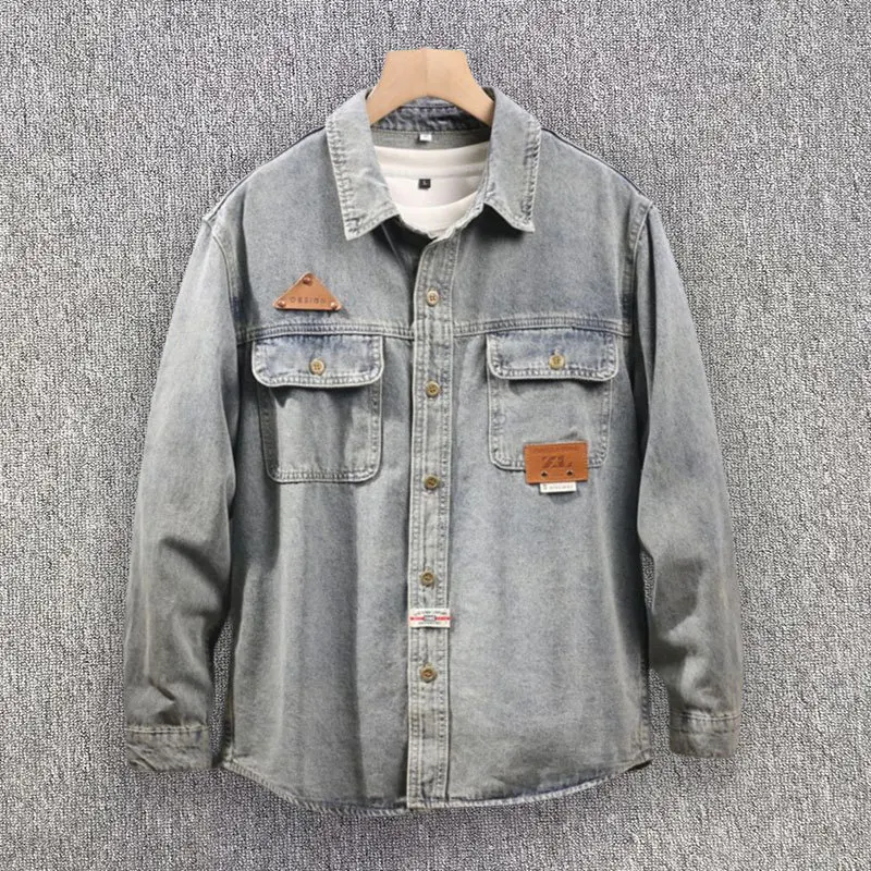 Heavy Industry Wash Workwear Denim Shirt Jacket Men High Street Handsome Chest Pocket Versatile Cargo Jacker Man Autumn Clothes