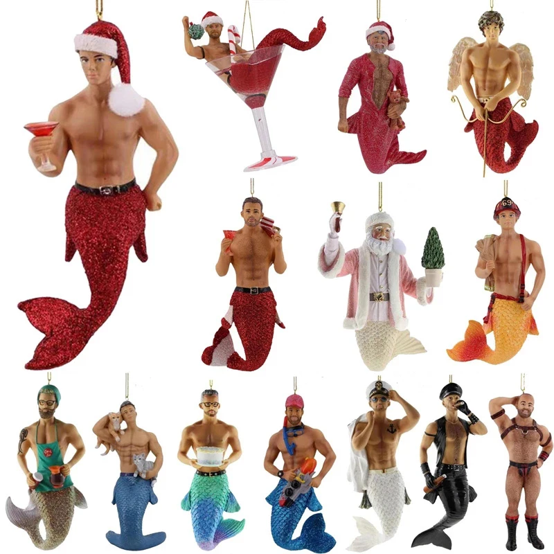 Cartoon Mermaid Car Pendant Funny Male Keychain Strong Man Mermen Dolls Creative Christmas Tree Decoration Ornament Kids Gift