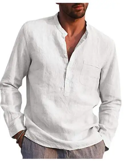 Plus Size Men Cotton Linen Long-Sleeved Shirts Summer Solid Color Stand-Up Collar Casual Beach Style linen shirt