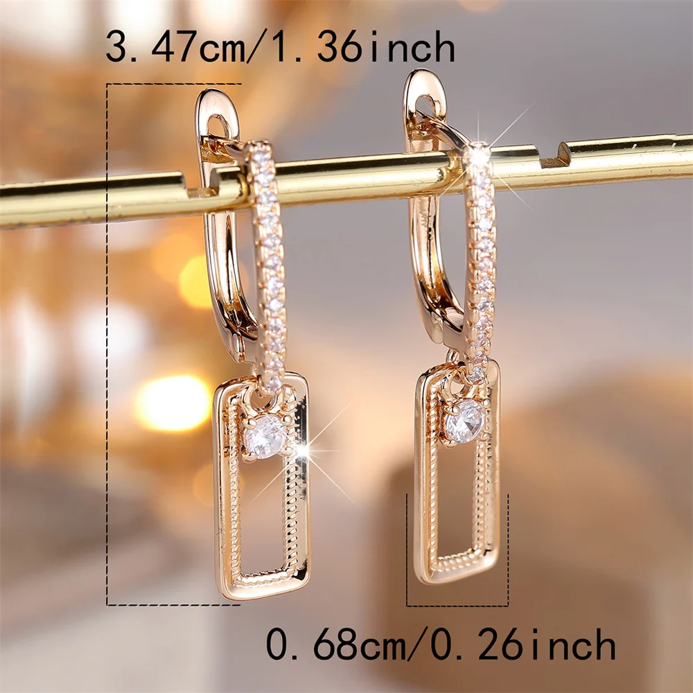 White Zircon Round Stone Rectangle Pendant Hoop Earrings For Women Vintage Gold Color Ear Buckle Wedding Jewelry Birthday Gifts