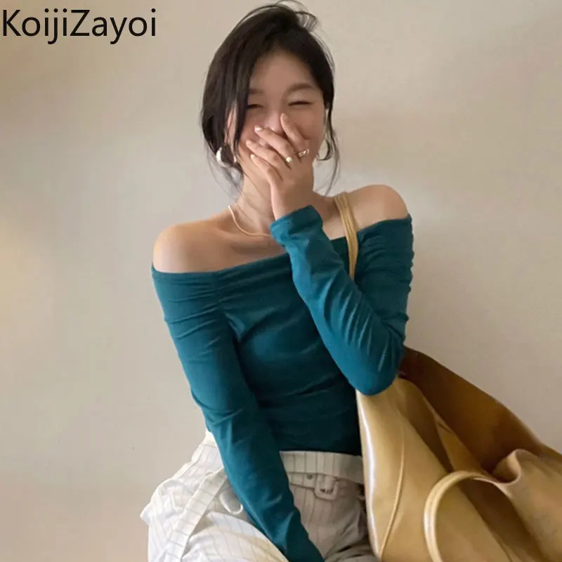 

Koijizayoi Sexy Women Solid Long Sleeves Tees Shirt Lady Spring Autumn Slash Neck Slim Tees Tops Chic Vintage Irregular T-shirts