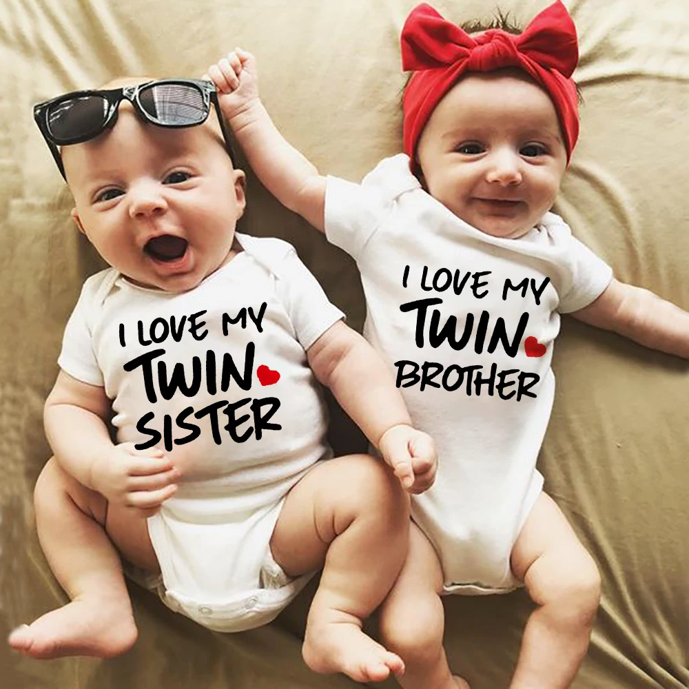 I Love My Twin Sister and Brother Toddler Baby Short Sleeve Romper New Born Baby Items Clothes Jumpsuit Outfit Infit Twins Gift