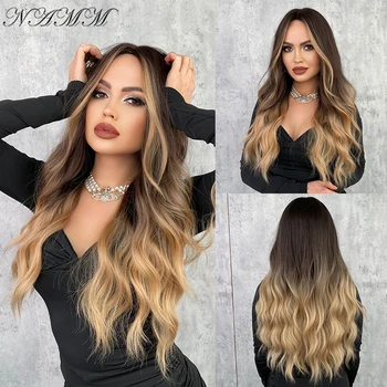 NAMM Women Synthetic Wigs Brown Gradient Blonde Color Long Wavy Wigs Cosplay Fake Hair Natural Water Wave Heat Resistant Wigs 1