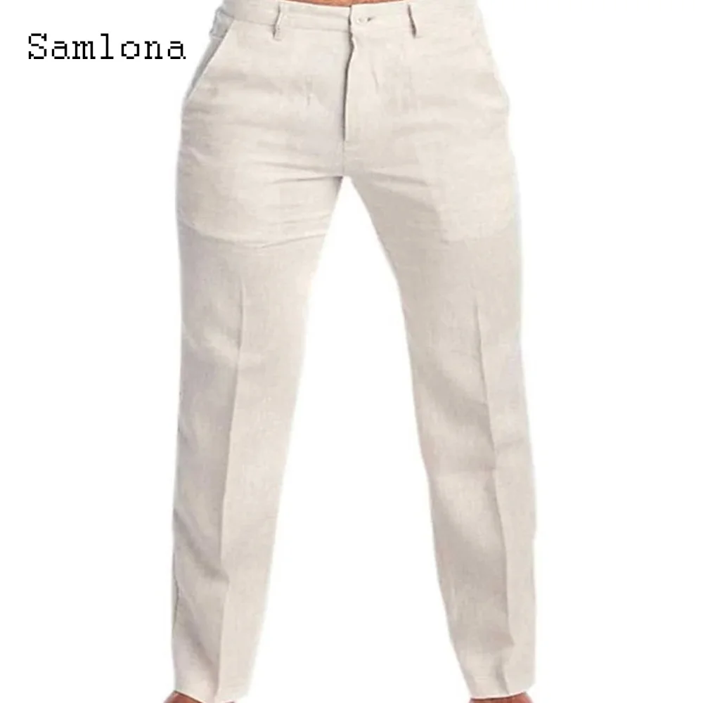 Men Stand Pocket Casual Linen Pants Solid White Gray Trouser Plus Size 3xl