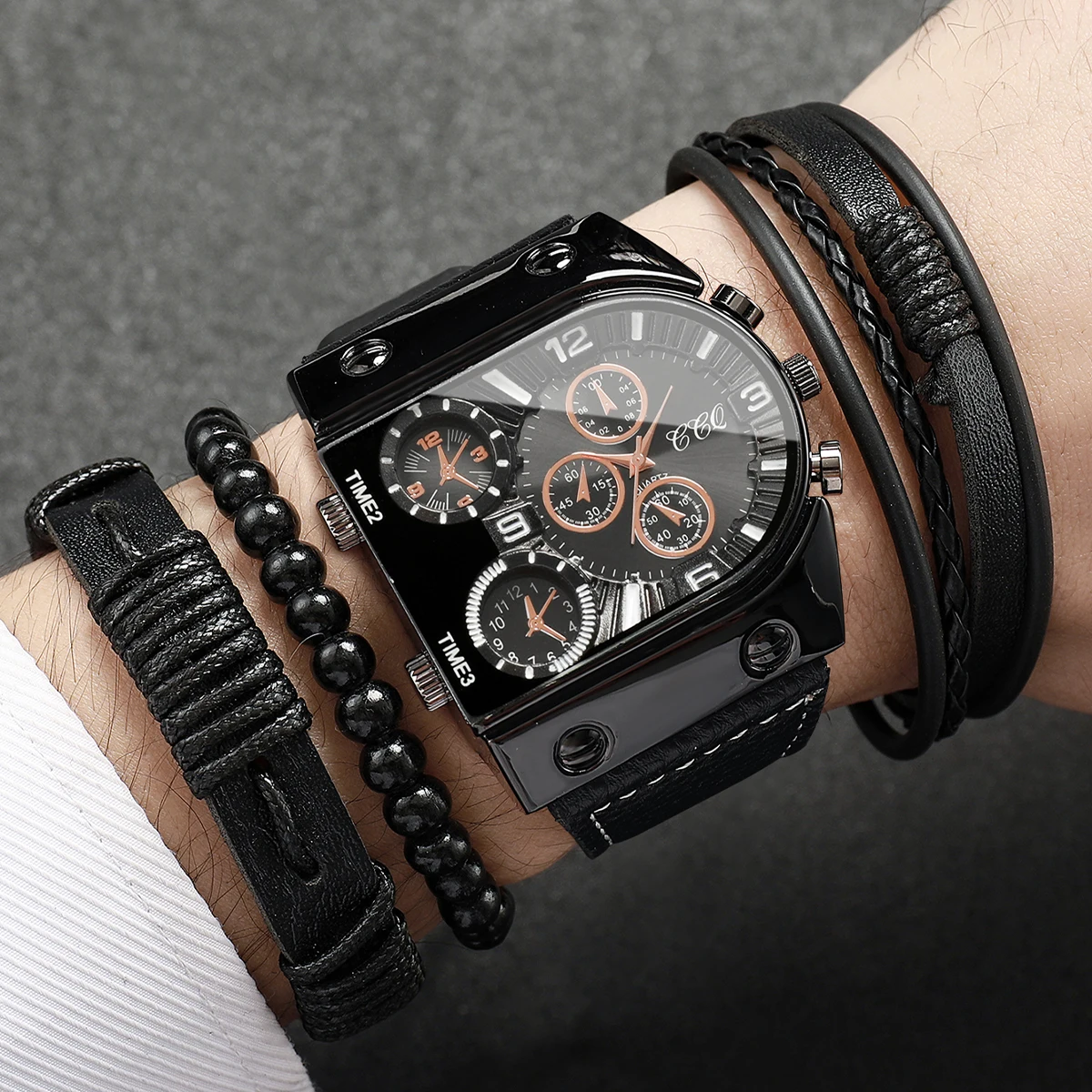 Men's Watch Classic Fashion Digital Scale Large Dial Advanced Sense Handsome Trendy Quartz Watch Bracelet Set (No Box)