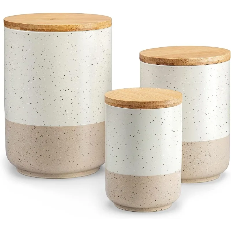 Sabine Ceramic Food Storage Jar, Kitchen Canisters with Airtight Seal Wooden Lid for Serving Ground Coffee, Tea, Sugar