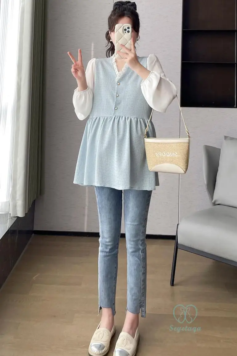 Maternity Tops V Neck Patchwork Blouses for Pregnant Women