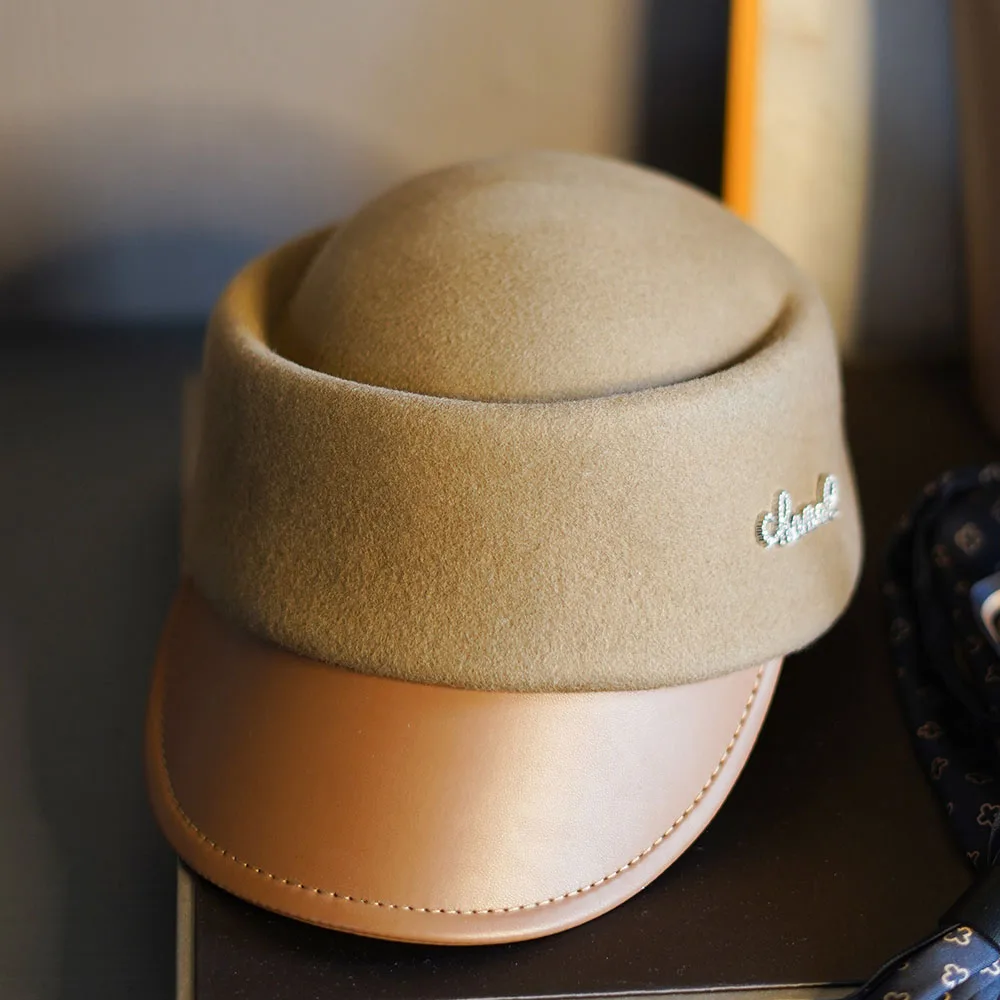 Newsboy hat Leather Brim Wool Cap Wool Newsboy Cap Women Winter Hat British Flat Patchwork Woolen Ladies Beret Hats