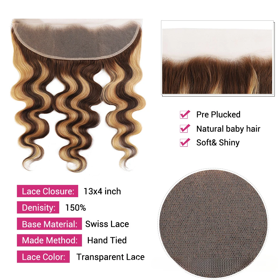 Highlight P4/27 13x4 Body Wave Human Hair Lace Frontal 150% Density Pre-Plucked Brazilian Virgin Hair Ear To Ear Front Full End