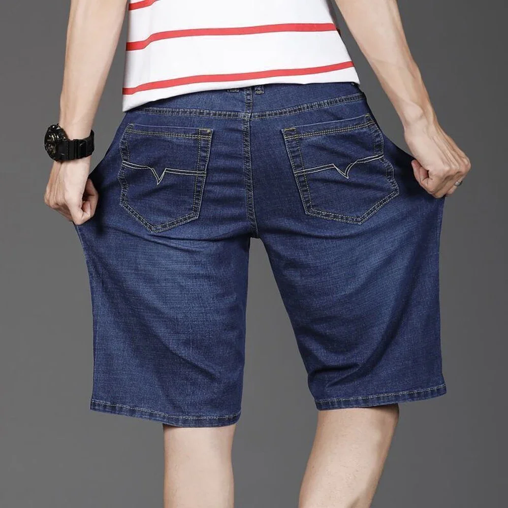 New Summer Men's Denim Shorts Fashion Solid Color Casual Loose Multi-pocket Straight Five-minute Pants Elastic Knee Shorts