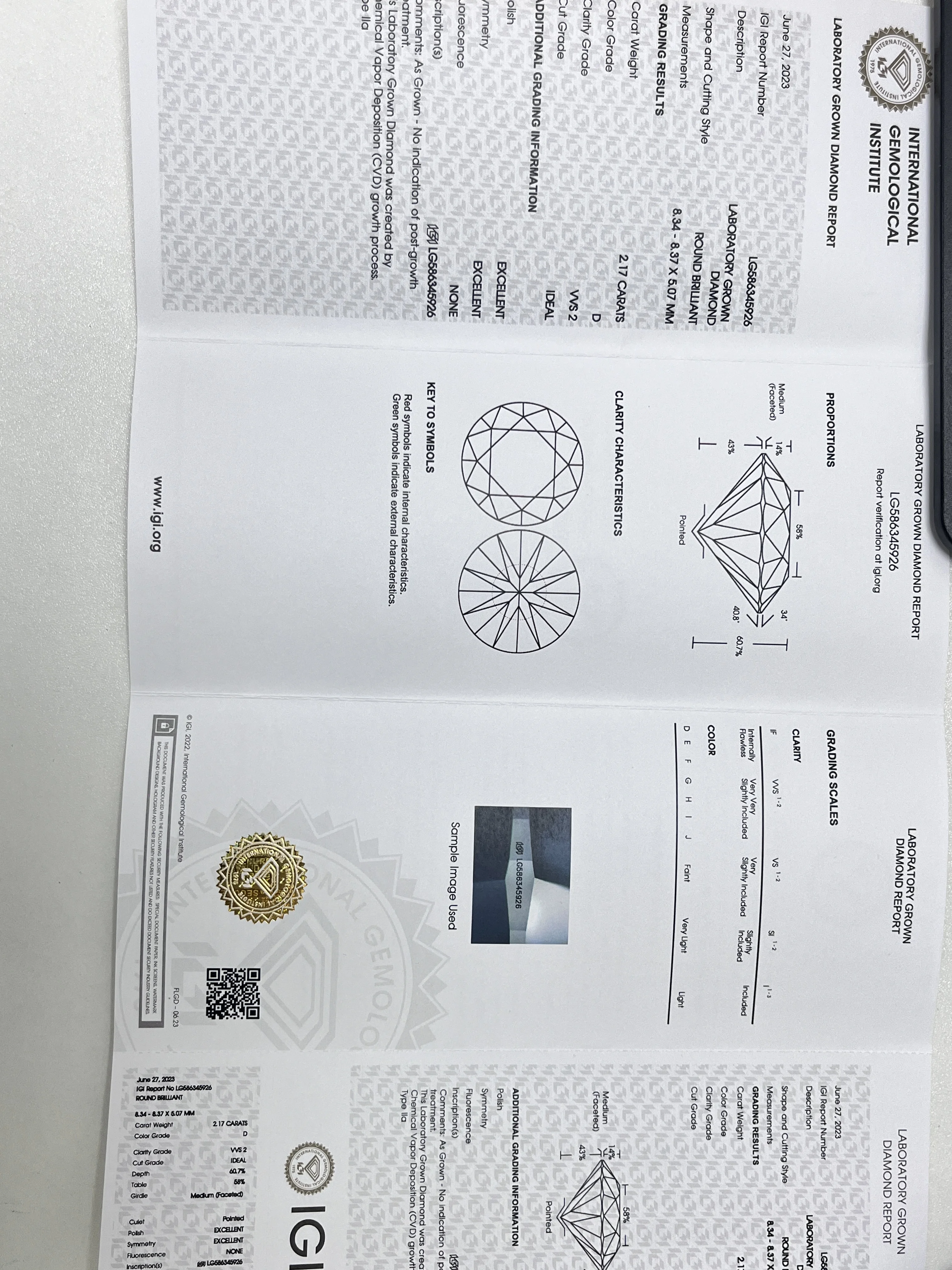 Aeaw Lab Grown 2.17 Ct Taglio Rotondo Certificato Igi Cvd Diamante Sciolto D Colore Vvs2 Chiarezza 2Ex