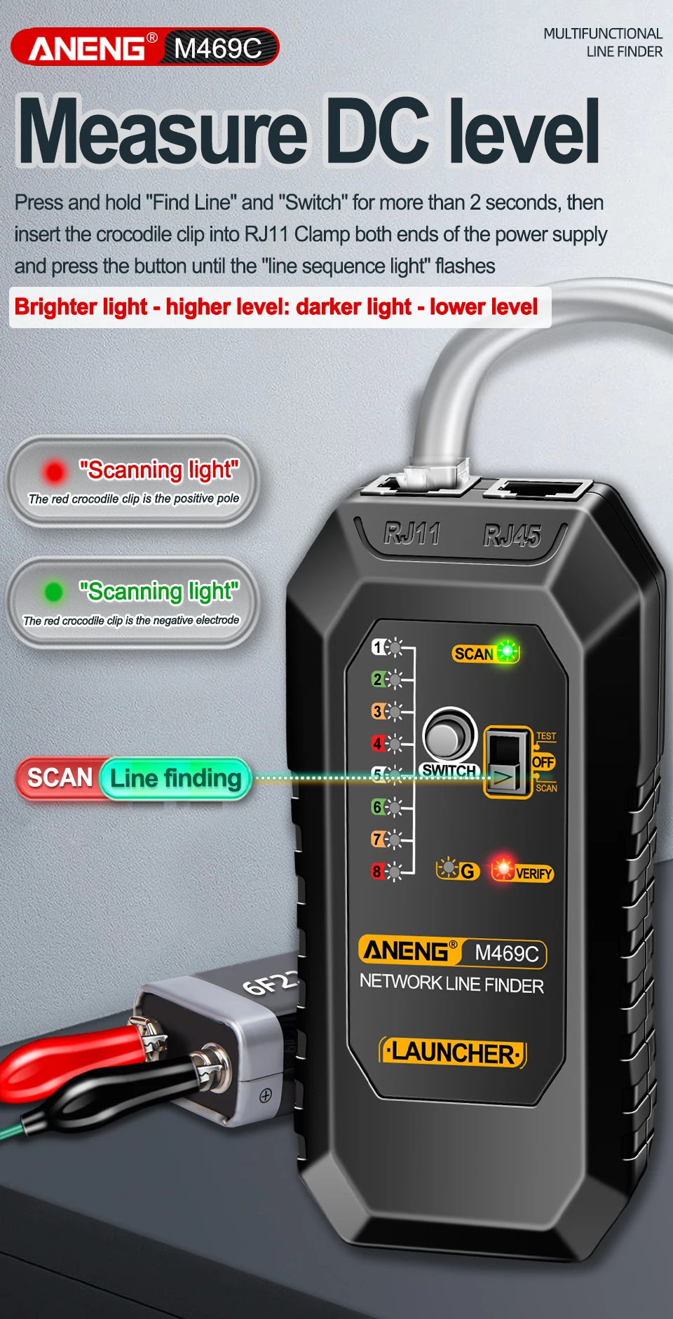 Description Picture 6 of itemANENG M469C Multifunction Network Cable Finder RJ45 RJ11 LAN Cable Tester Networking Tool Trace Measure Network Repair Analyzers